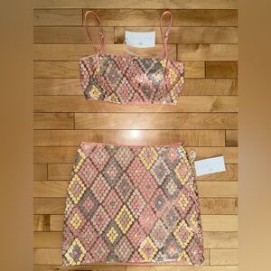NEW! CAROLINE CONSTAS Sequin Crop Top & Skirt Set Pink Size 2
